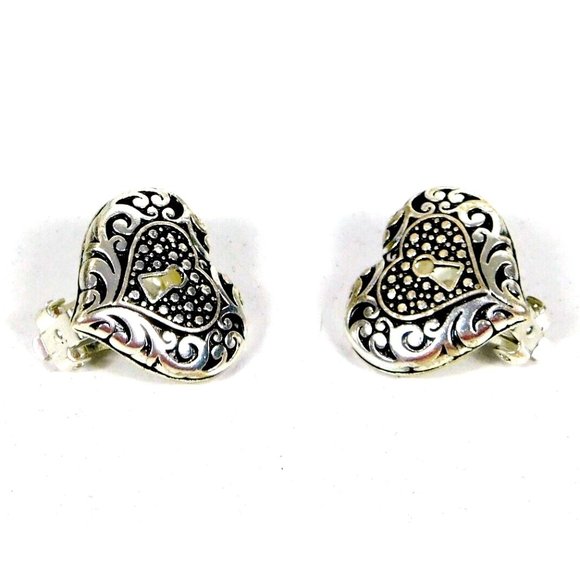 Heart Shape w/Keyhole Filigree Design Comfort Clip Earrings Silver Tone - Picture 5 of 8